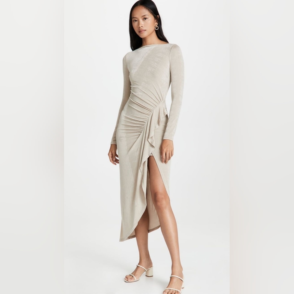 Significant Other Vanessa Ruched Slit Beige Champagne Slinky Midi Dress Size 10